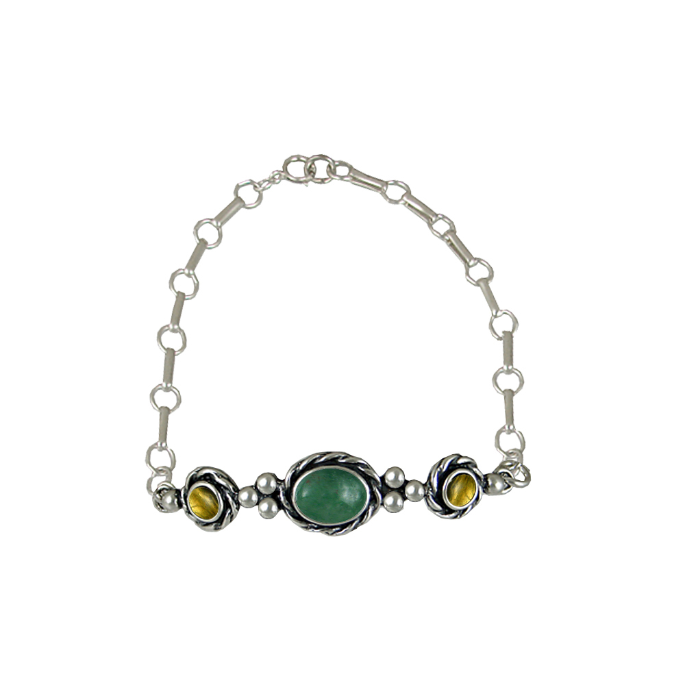 Sterling Silver Gemstone Adjustable Chain Bracelet With Jade And Citrine